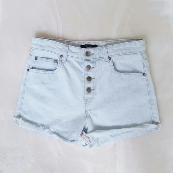 Forever 21 Light Wash Hi-Rise Buttonfly Shorts Fringe Coastal Cowgirl Indie - Picture 1 of 4